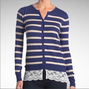 NWT Lili’s Closet 100% Cotton Striped Buttonfront Cardigan with Lace Bottom